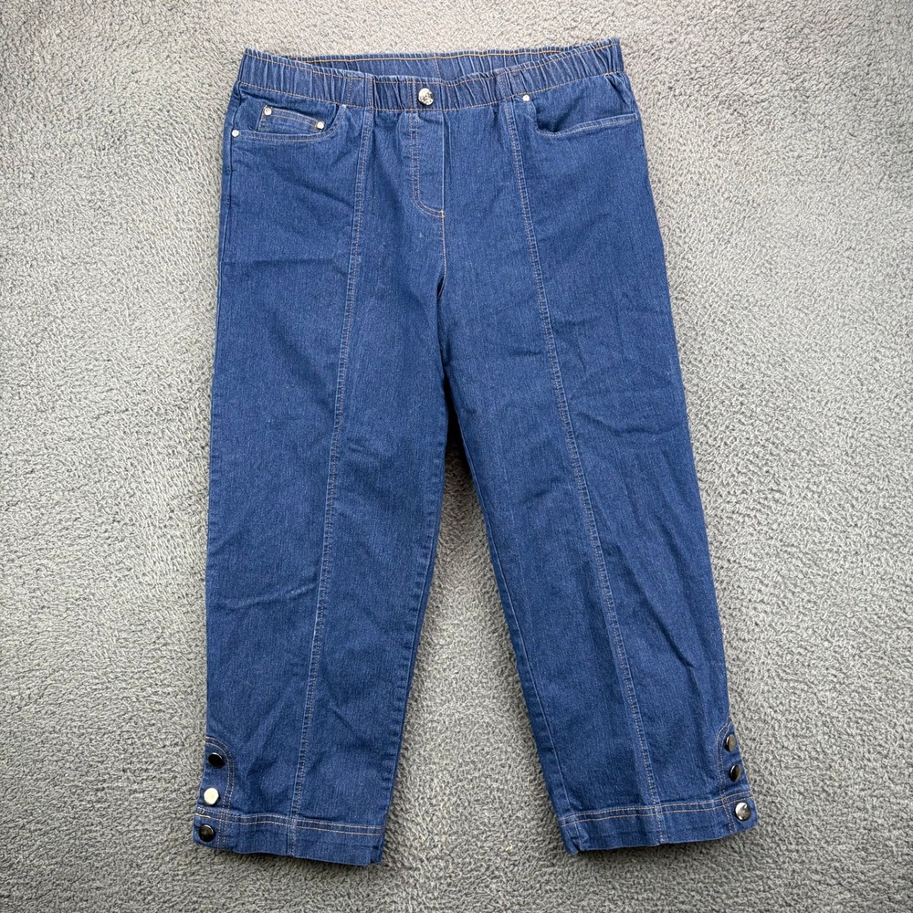 CD Petites Womens Blue Denim Cropped Capri Pants Elastic Waist Button Hem PM